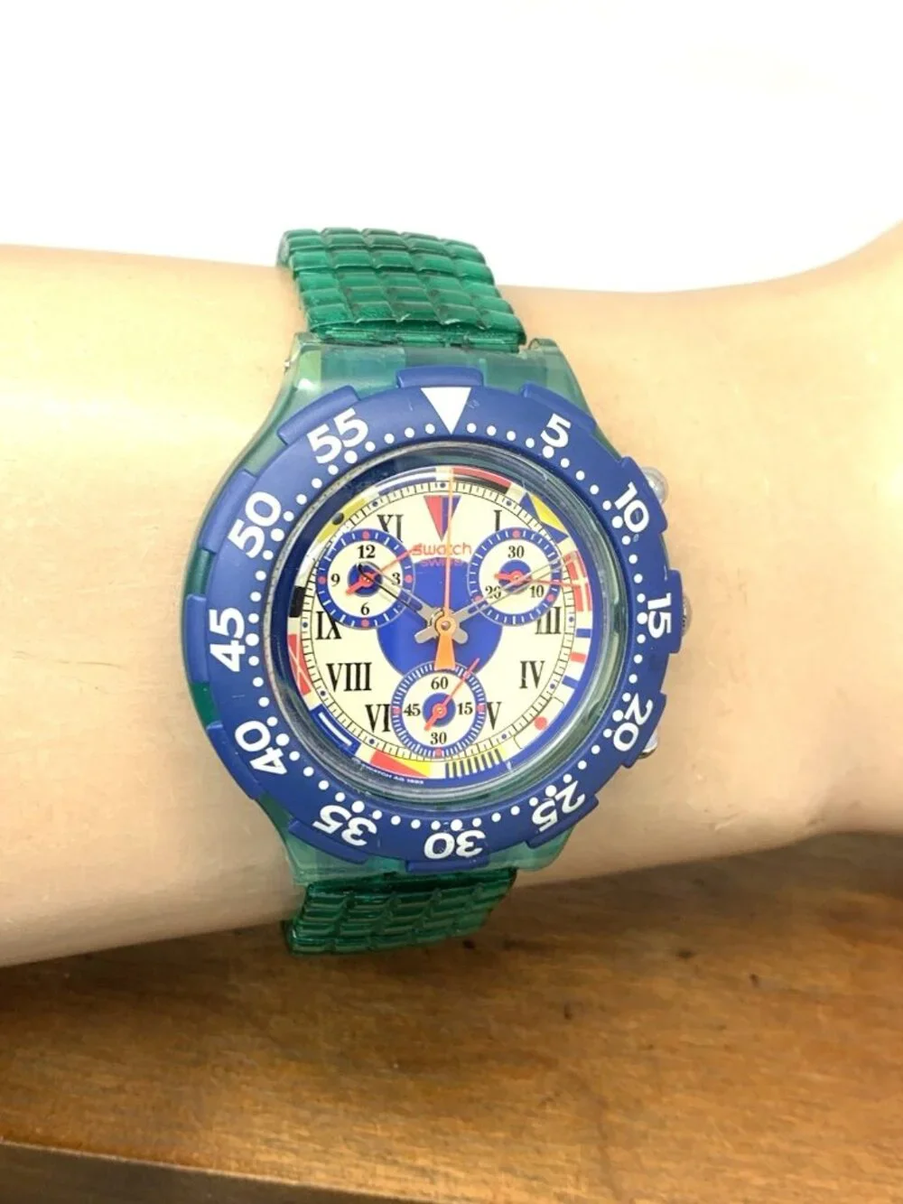 Swatch Men's Watch SBN101 Swiss Quartz Chronograph Vintage 1993 Blue Green 43mm
